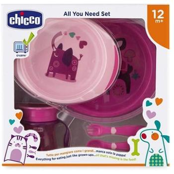 Chicco jídelní set, talíře, příbory, sklenka, 12 m+, růžový (8058664086696)