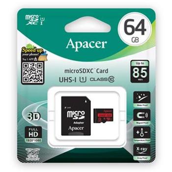 Apacer paměťová karta Secure Digital Card V10, 64GB, micro SDXC, AP64GMCSX10U5-R, UHS-I U1 (Class 10), s adaptérem