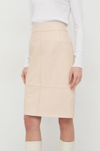 Kožená sukně BOSS béžová barva, mini