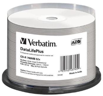 VERBATIM CD-R(50-pack) spindl, AZO 52X,700MB,WHITE WIDE PRINTABLE SURFACE NON-ID, 43745