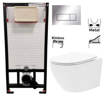 DEANTE Podomítkový rám, pro závěsné WC mísy + SLIM tlačítko chrom + WC REA Carlo Flat Mini Rimless + SEDÁTKO CST_WC01 051P CF1