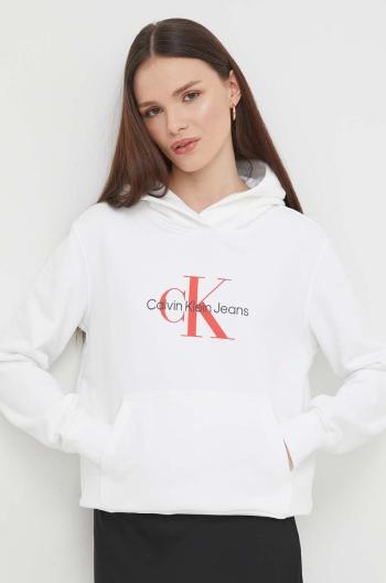 Bavlněná mikina Calvin Klein Jeans dámská, bílá barva, s kapucí, s potiskem, J20J223077