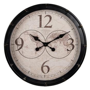 Černé antik nástěnné hodiny s mapou - Ø 50*7 cm / 1*AA 6KL0748