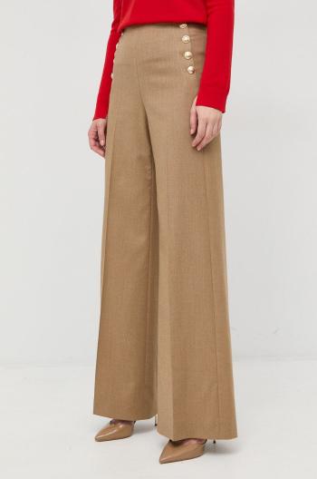 Vlněné kalhoty BOSS dámské, béžová barva, široké, high waist