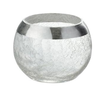 Transparentní skleněný kulatý svicen na čajovou svíčku se stříbrným zdobením - Ø  10,5*7 cm 65143