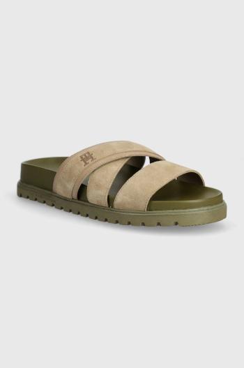 Semišové pantofle Tommy Hilfiger ELEVATED TH CRISS SUEDE SANDAL pánské, béžová barva, FM0FM05065