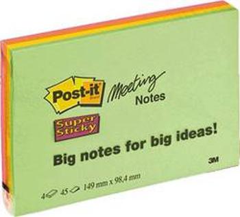 Post-it Meeting Notes / 6445-4SS 149 x 98 mm tříděné INh. Post-it 7100043257, (š x v) 149 mm x 98 mm, neonově zelená, neonově oranžová, ultrarůžová , 