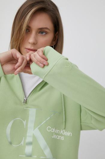 Bavlněná mikina Calvin Klein Jeans dámská, zelená barva, s potiskem