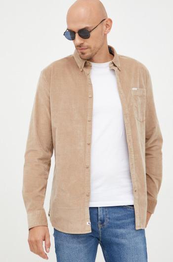 Manšestrová košile Pepe Jeans pánská, béžová barva, regular, s límečkem button-down