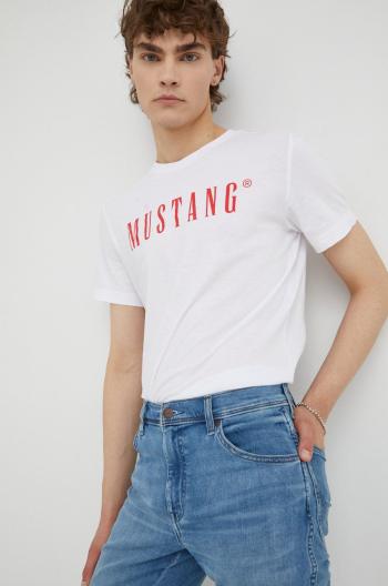 Bavlněné tričko Mustang bílá barva, s potiskem