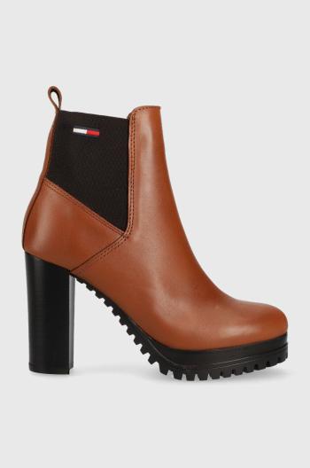 Kožené kotníkové boty Tommy Jeans Essentials High Heel Boot dámské, hnědá barva, na podpatku