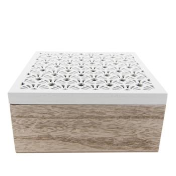 Dřevěná krabička s bílým vyřezávaným víkem - 18*18*8 cm 6H1687