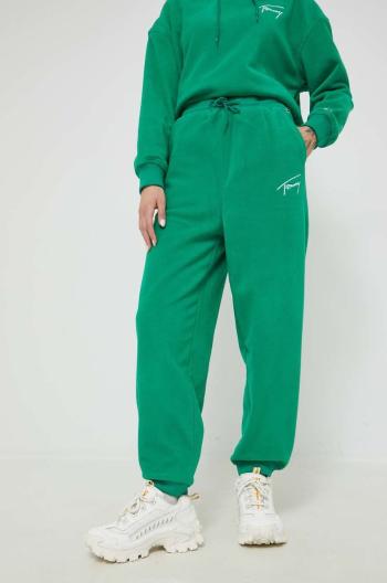 Tepláky Tommy Jeans dámské, zelená barva, hladké
