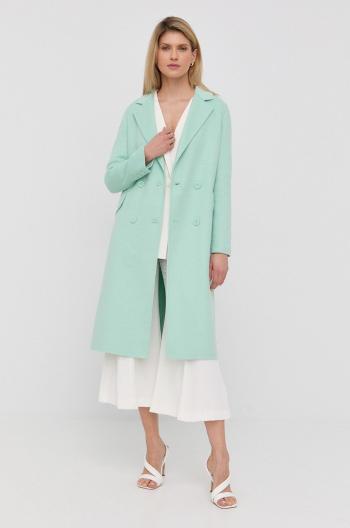 Vlněný kabát Twinset tyrkysová barva, přechodný, dvouřadový