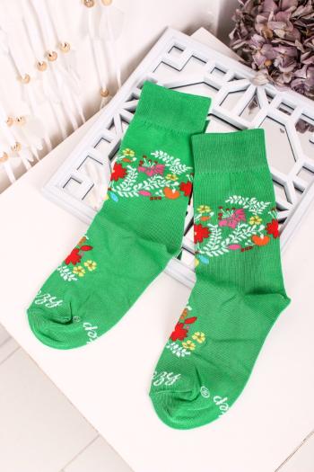 Zelené vzorované ponožky Folk Kytičky