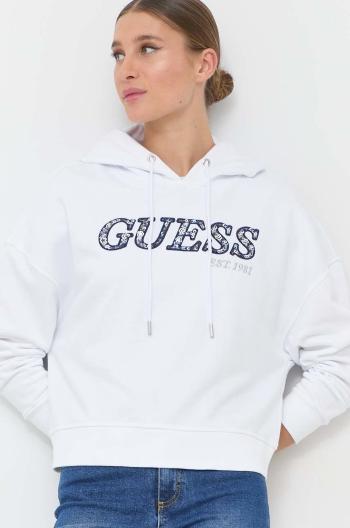 Mikina Guess dámská, bílá barva, s kapucí, s aplikací