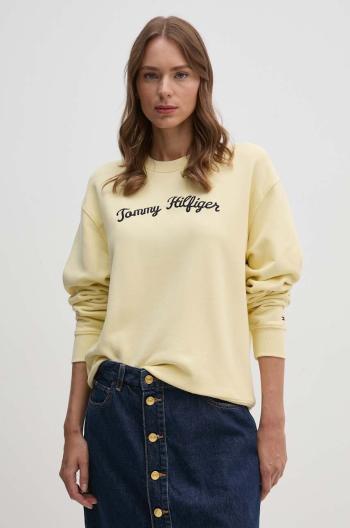 Bavlněná mikina Tommy Hilfiger dámská, žlutá barva, s aplikací, WW0WW42615