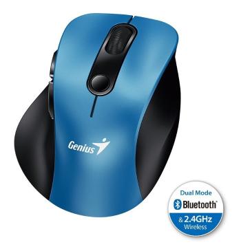 Genius Ergo 9000S, Myš, bezdrátová, optická, 2400DPI, 6 tlačítek, Bluetooth, 2.4GHz, USB, modrá