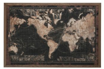 Tmavá retro mapa světa s patinou v dřevěném rámu- 175*5*116 cm 77431