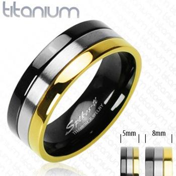 Titanové snubní prstýnky s onyxovým, stříbrným a zlatým pruhem - Velikost: 49