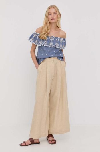 Plátěné kalhoty MAX&Co. dámské, béžová barva, střih culottes, high waist
