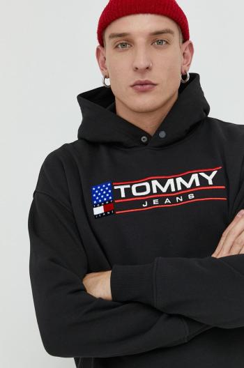 Mikina Tommy Jeans pánská, černá barva, s kapucí, s aplikací