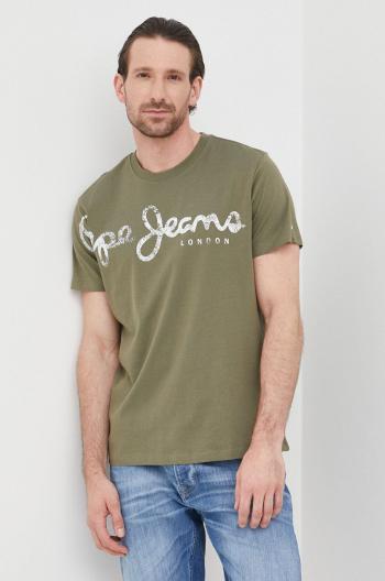 Bavlněné tričko Pepe Jeans Aleron zelená barva, s potiskem