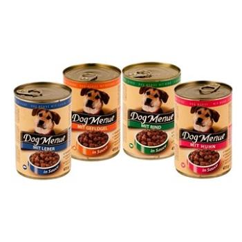 Konzerva Dog Menue mix balení – 4 příchutě – hovězí, drůbeží, játra, kuřecí – 20 × 415  g (9120041365751)