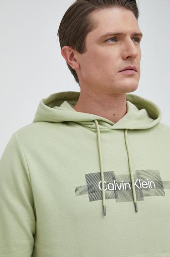 Bavlněná mikina Calvin Klein pánská, zelená barva, s kapucí, s aplikací