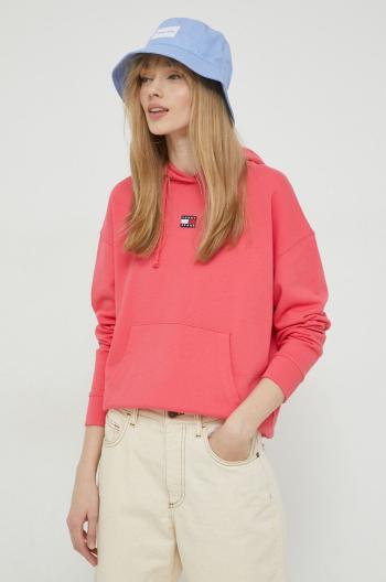 Bavlněná mikina Tommy Jeans dámská, růžová barva, s kapucí, s aplikací