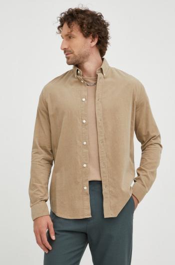 Manšestrová košile Samsoe Samsoe pánská, béžová barva, regular, s límečkem button-down