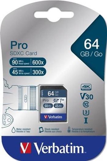 Paměťová karta "PRO", SDXC, 64GB, C10/U3, 90/45MB/sec, VERBATIM