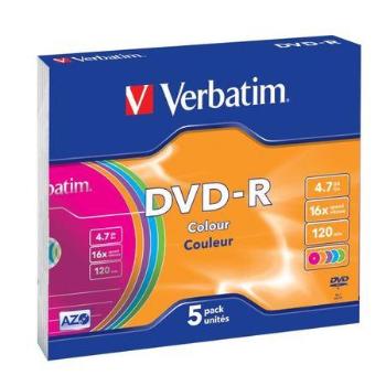 DVD-R 4,7GB, 16x, AZO, barevné, Verbatim, slim box, bal. 5 ks, 43557