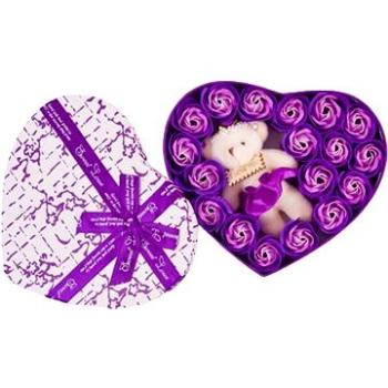 Medvídárek velké srdce s fialovými mýdlovými růžemi a plyšovým medvídkem (0702338310089)