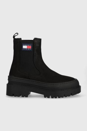 Semišové kotníkové boty Tommy Jeans Womens Chelsea Foxing Boot dámské, černá barva, na podpatku