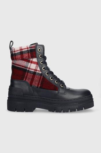 Nízké kozačky Tommy Hilfiger FEMININE TARTAN LACE UP BOOTIE dámské, tmavomodrá barva, na plochém podpatku, FW0FW07670