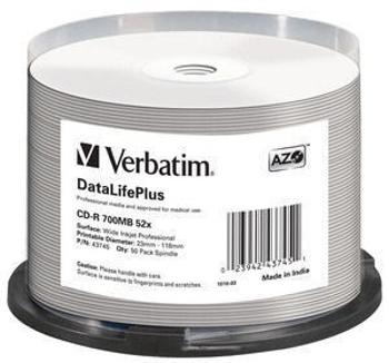 VERBATIM CD-R(50-pack) spindl, AZO 52X, 700MB, WHITE WIDE PRINTABLE SURFACE NON-ID