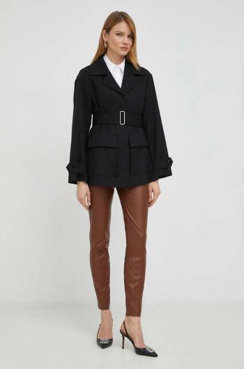 Vlněný kabát BOSS černá barva, přechodný, oversize