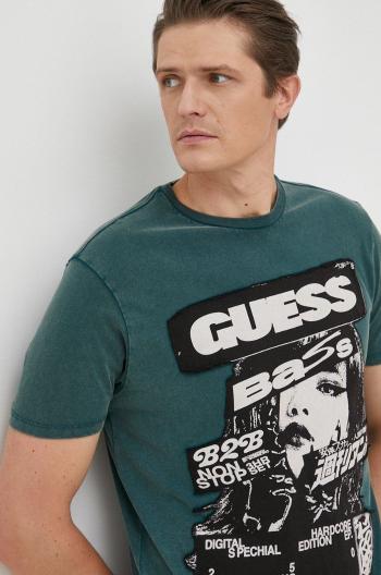 Bavlněné tričko Guess tyrkysová barva, s aplikací