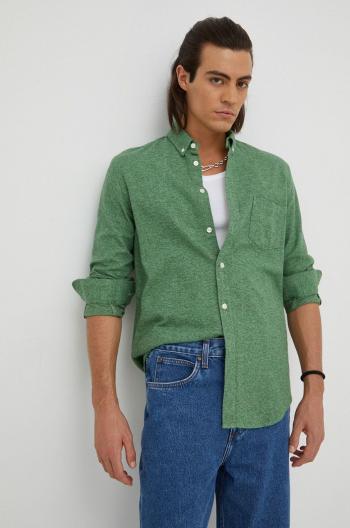 Bavlněné tričko Samsoe Samsoe zelená barva, regular, s límečkem button-down