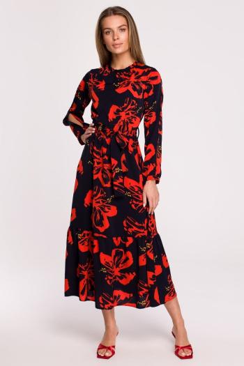 Červeno-černé květované maxi šaty S307