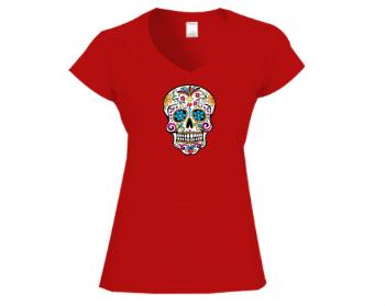 Dámské tričko V-výstřih Mexická lebka