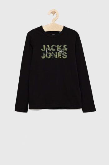 Dětská bavlněná košile s dlouhým rukávem Jack & Jones černá barva, s potiskem
