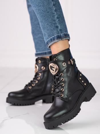 Luxusní  kotníčkové boty černé dámské na plochém podpatku