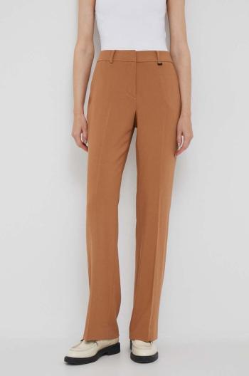 Kalhoty Dkny dámské, hnědá barva, jednoduché, high waist