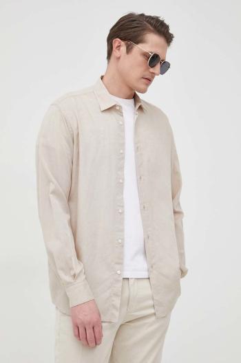 Košile ze směsi lnu Liu Jo pánská, béžová barva, regular, s klasickým límcem