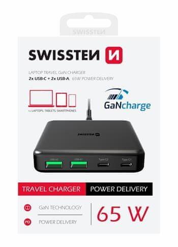 SWISSTEN MINI DESKTOP ADAPTÉR GaN 2x USB-C + 2xUSB 65W POWER DELIVERY 22057100, černý