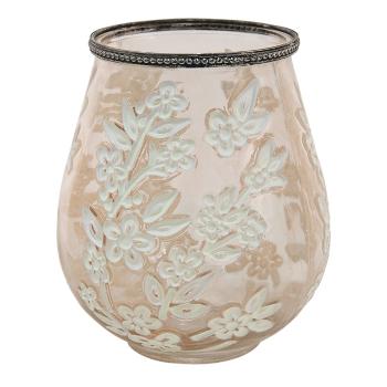 Béžovo-hnědý skleněný svícen na čajovou svíčku s květy Teane  - Ø 10*9 cm 6GL3496