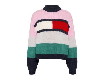 Tommy Hilfiger Tommy Jeans dámský růžový/multicolor svetr BELL SLEEVE FLAG SWEATER