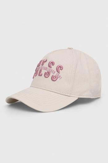 Bavlněná baseballová čepice Guess béžová barva, s aplikací
